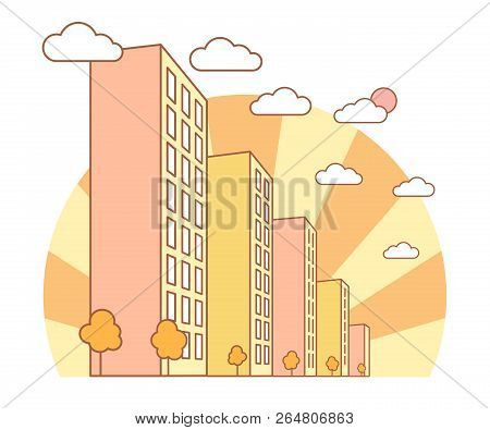Autumn City View With High Buildings, Clouds, Orange Trees, Fall Landscape With Street Blocks, Moder