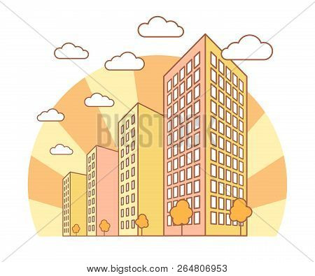 Autumn City View With High Buildings, Clouds, Orange Trees, Fall Landscape With Street Blocks, Moder