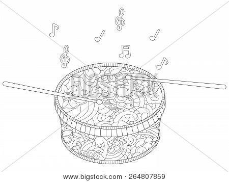 Anti Stress Musical Instrument, Drum With Chopsticks Raster. Children Coloring, Color, Black And Whi