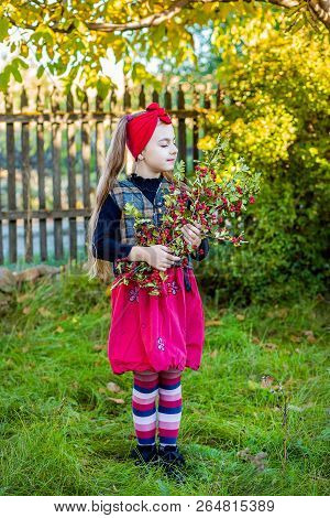 A Branch Of Hawthorn In The Hands Of A Cute Girl In The Garden.