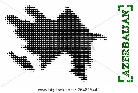 Halftone Map Of Azerbaijan And Scratched Caption. Vector Green Title With Corners And Scratched Rubb