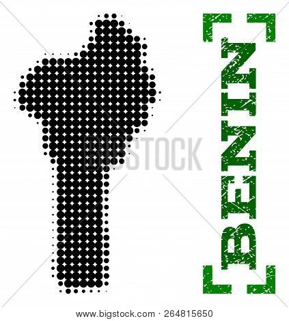 Halftone Map Of Benin And Rubber Caption. Vector Green Title With Corners And Grunge Rubber Texture.