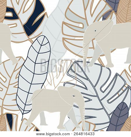 Tropical Grey,beige, Navy Leaves With Beige Elephant On White Background Seameless Repeat.modern Des