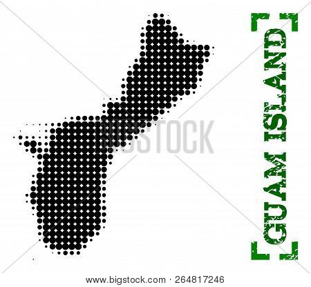 Halftone Map Of Guam Island And Grunge Caption. Vector Green Title With Corners And Grunge Rubber Te