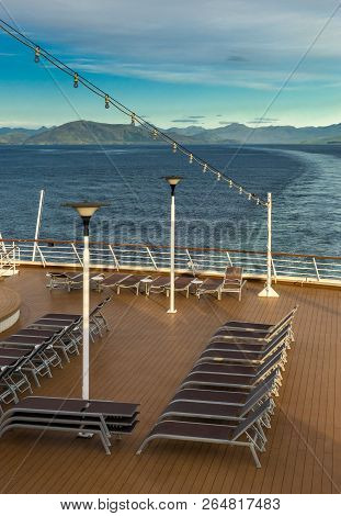 Empty Lounge Chairs, Lido Deck Of Cruise Ship, Inside Passage, Bc, Canada.