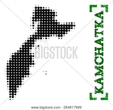 Halftone Map Of Kamchatka Peninsula And Rubber Caption. Vector Green Title With Corners And Distress