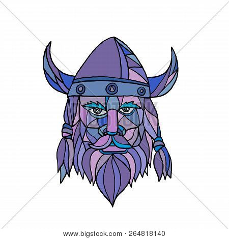 Mosaic Low Polygon Style Illustration Of Head Of A Viking, Norseman Or Barbarian Viewed From Front O