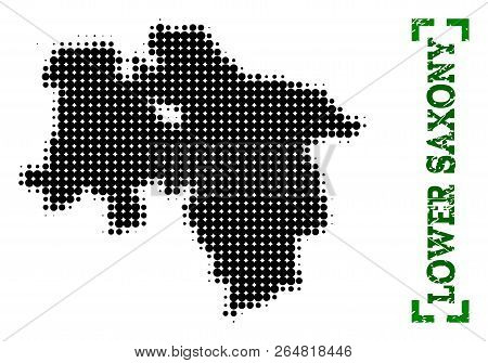 Halftone Map Of Lower Saxony State And Rubber Caption. Vector Green Title With Corners And Retro Rub