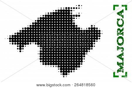 Halftone Map Of Majorca And Rubber Caption. Vector Green Title With Corners And Distress Rubber Text