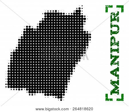 Halftone Map Of Manipur State And Corroded Caption. Vector Green Title With Corners And Corroded Rub