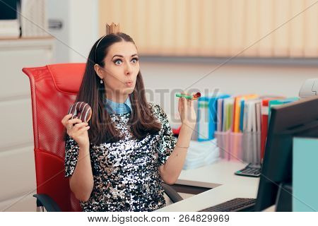 Funny Girl With Crown And Doughnut Attending Birthday Office Party