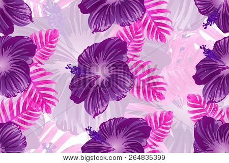 Tropical Pattern. Red Pink Magenta Exotic Summer Flower Vector Background. Beauty Fasion Monstera, P