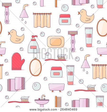 Vector Illustration With Flat Line Cartoon Bathroom Background. Circle Background With Bathroom Soap