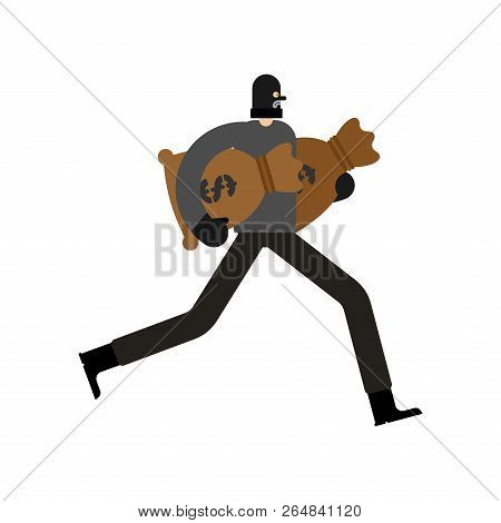 Robber And Bag Of Money. Burglar In Mask Run. Plunderer Vector Illustration