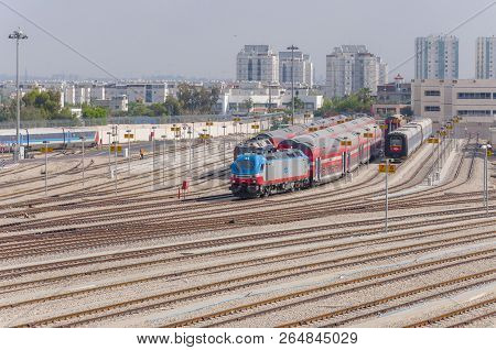 Lod, Israel - April 29, 2014: A Large Railway Junction Of Israel Railways Located In Lod. Unlike Roa