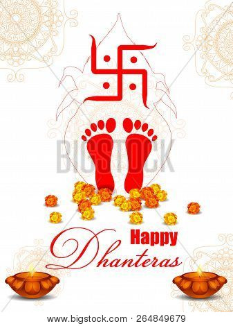 Goddess Lakshmi Footprint With Decorated Diya For Happy Dhanteras Diwali Festival Holiday Celebratio