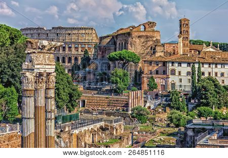 The Roman Forum, View On The Coliseum, The Temple Of Venus Genetrix Ruins, The Temple Of Venus And R