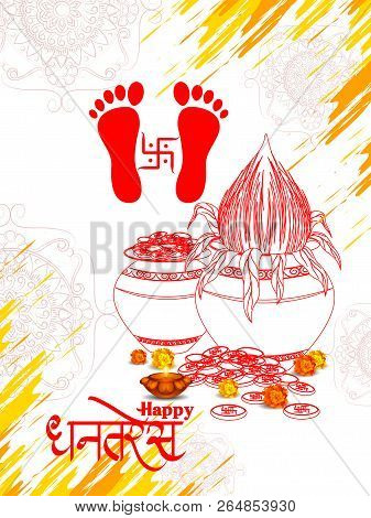 Goddess Lakshmi Footprint With Decorated Diya For Happy Dhanteras Diwali Festival Holiday Celebratio