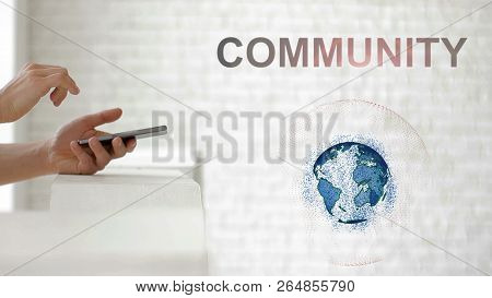 Hands Launch The Earths Hologram And Community Text