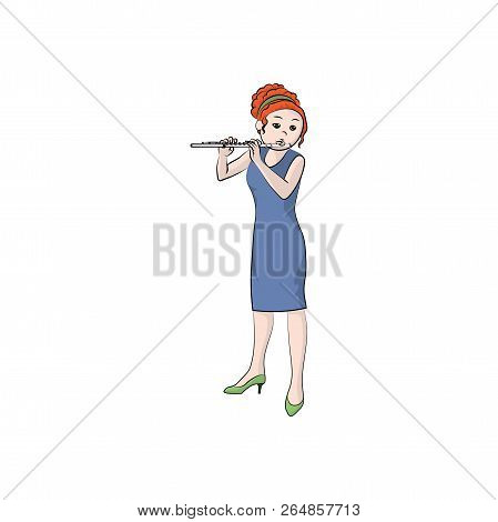 Girl (woman) Plays The Flute. Vector Color Illustration.