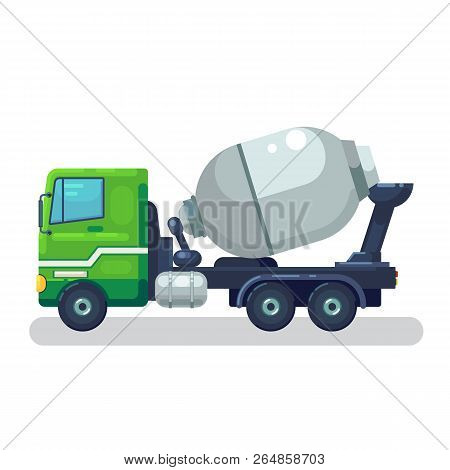 Concrete Mixing Truck Vector. Flat Design. Industrial Transport. Construction Machine. Green Lorry W