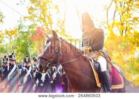 Saint Petersburg, Russia - October 13, 2018: Historical Reconstruction. General On Horse. Solemn Mar