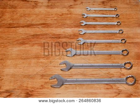 Mechanics Tool Set And Isolated On White Background. Mechanics Tool Kit. A Set Of Wrenches And Car K