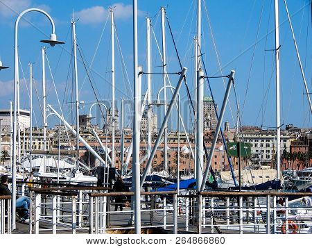 Genoa (genova), Italy, March 25, 2018 - View Of Porto Antico (old Harbor) Of Genoa, Italy, Through S