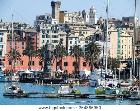 Genoa (genova), Italy, March 25, 2018 - View Of Porto Antico (old Harbor) Of Genoa, Italy.