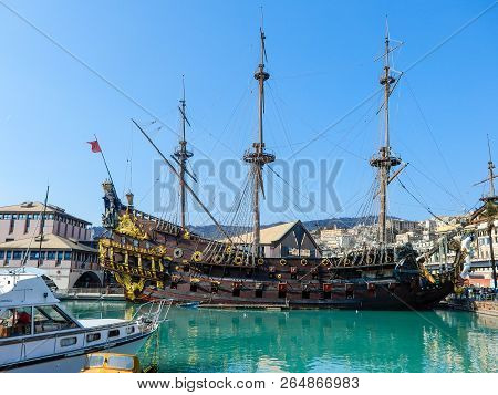 Genoa (genova), Italy, March 25, 2018 - The Galeone Neptune Pirate Ship In Genoa Porto Antico (old H