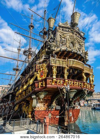 Genoa (genova), Italy, March 25, 2018 - The Galeone Neptune Pirate Ship In Genoa Porto Antico (old H