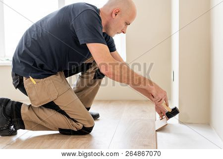 Male Worker Installing New Wooden Laminate Flooring On A Warm Film Foil Floor. Infrared Floor Heatin