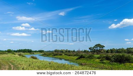 Forest Landscape On The Background Of An Unusual Small River In The Middle Of The Field. Belarusian