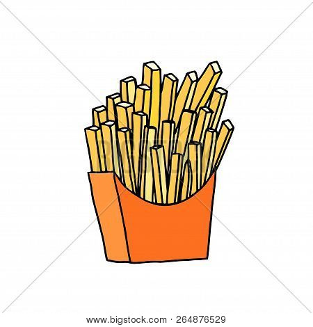 French Fries In Red Paper Pack. Hand Drawn Sketch.  Illustration Isolated On White Background