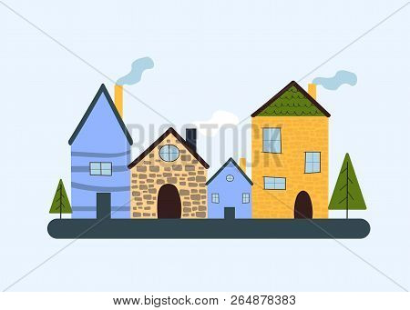 Set Of Houses In The Flat Design. Cozy Village Art.