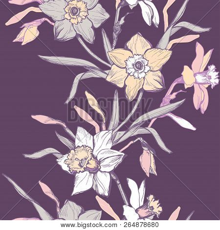 Floral Vertical Border With Hand Drawn Flowers Daffodils, Narcissus. Monochrome Floral Elements On V