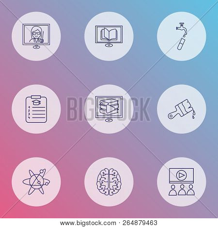 Education Icons Line Style Set With Digital Library, Webinar, Distance Leaning And Other Planner Ele