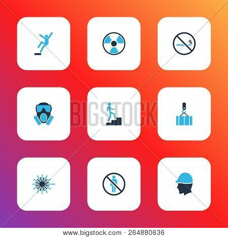 Protection Icons Colored Set With Radioactive, Laser Beam, No Smoking And Other Downfall Elements. I