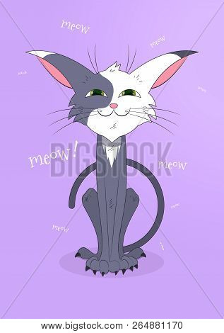 Vector Illustration Cheerful Cat Sits And Says Meow