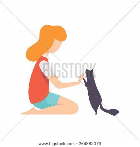 Girl Sitting On The Floor And Playing With Her Black Cat Vector Illustration On A White Background