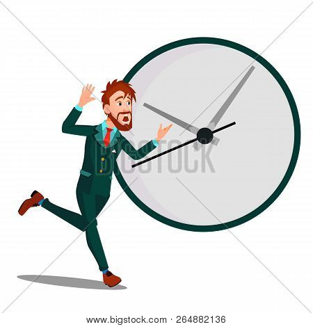 Running Businessman With Huge Clock, Time Management, Deadline Vector. Isolated Illustration