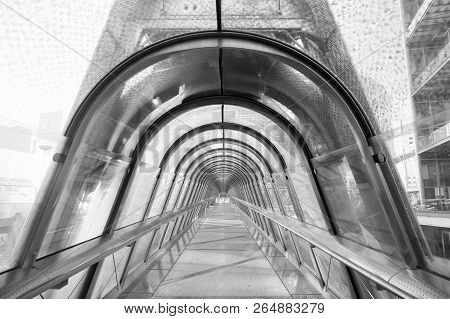 Skybridge Made Of Glass And Steel. Modern Structure And Architecture. Skywalk. Style And Design. Wan