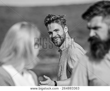 Man With Beard Jealous Aggressive Because Girlfriend Interested In Handsome Passerby. Husband Strict