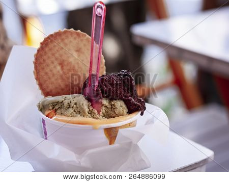 Italian Ice Cream Gelato In Street Café In Syracuse, Sicily, Italy