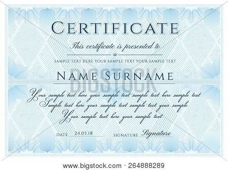 Certificate Vector Template. Secured Blue Border Guilloche Pattern For Diploma, Deed, Certificate Of