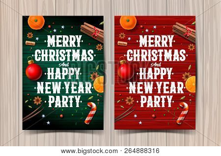 Merry Christmas And Happy New Year Party Design Template, Poster With Vintage Background With Typogr