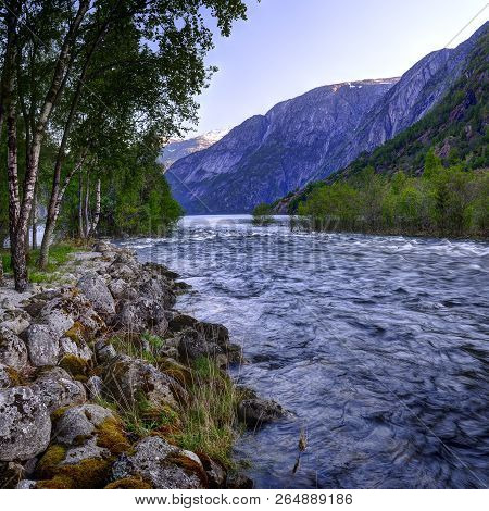 Early Morning.the Bjoreio, Also Known As The Bjoreia, Is A River In The Municipality Of Eidfjord In 
