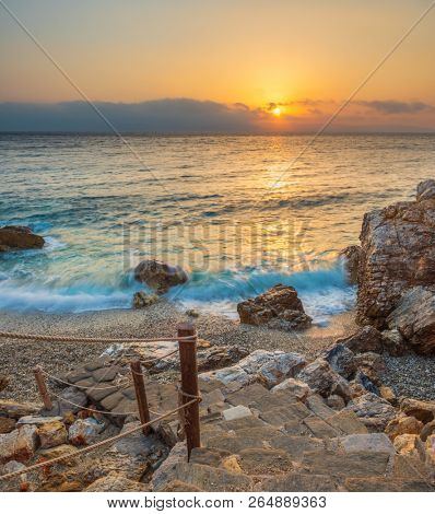 Piso Livadi beach on Paros Greece island at sunrise