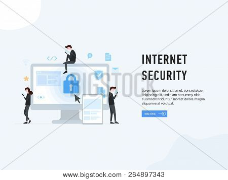 Internet Security Web Page Poster Vector Illustration. People Near Computer Monitor With Lock Symbol