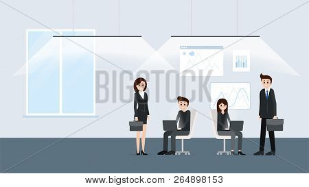 Modern Office Interior With Workers Poster Vector Illustration. People Working Together Close Teamwo